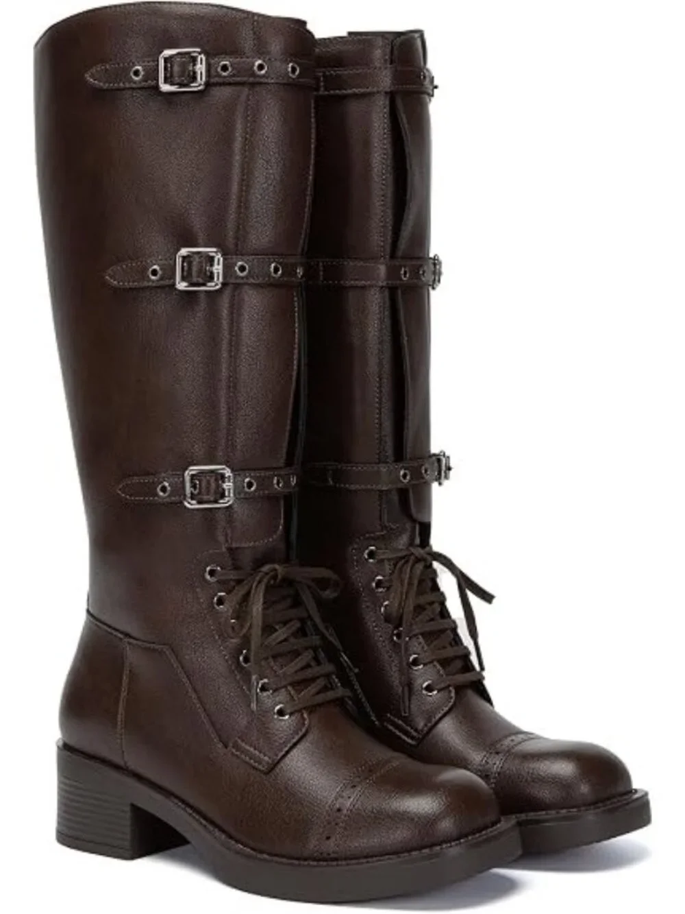 Athlefit Size 8 Riding Boots Brown Wide Calf Lace-Up Square Toe Buckles